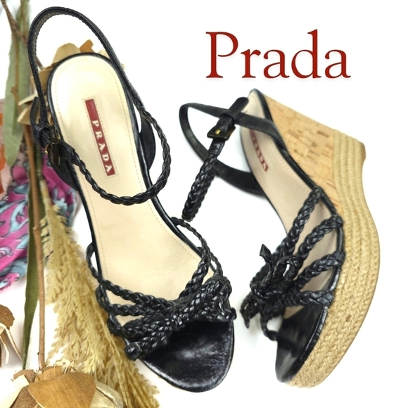 Prada Black Women's  Platform Wedge Sandals Sz 37 - Picture 1 of 13